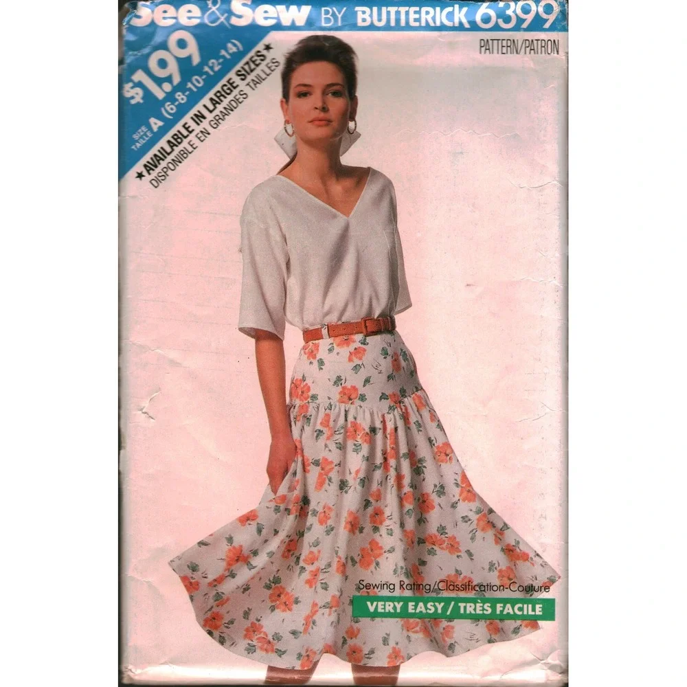 See & Sew Butterick 6399 Vintage 80s Top Skirt Sewing Pattern Size 6-14 cut